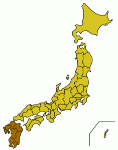 Kaart van japan met Kyushu in het zuiden.