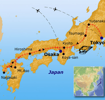 Kaart van Japan met de reisroute in 2014