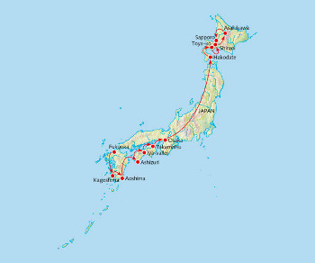 Kaart van Japan met de reisroute in 2015